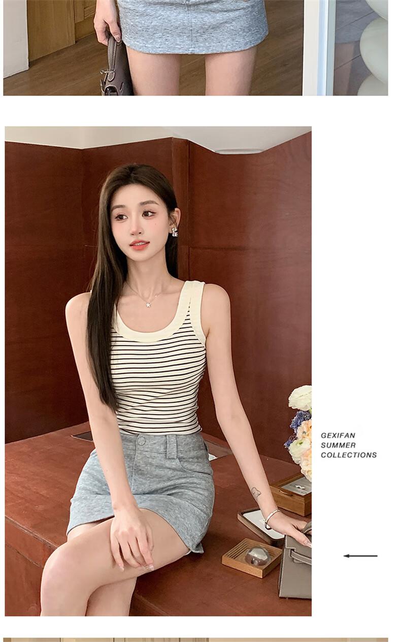 Langsha Women's Striped Slim Fit Vest New Sleeveless Knit U-Neck Tank Top Trendy Layering Shirt 11