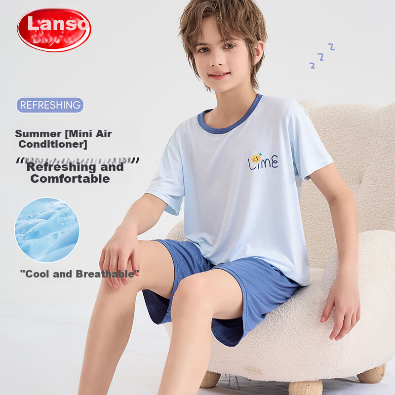 LangSha Children's Pajamas for Boys, Summer Thin Style, Baby Short-Sleeve Shorts Air Conditioning Wear, Big Kids Home Wear Set, 130