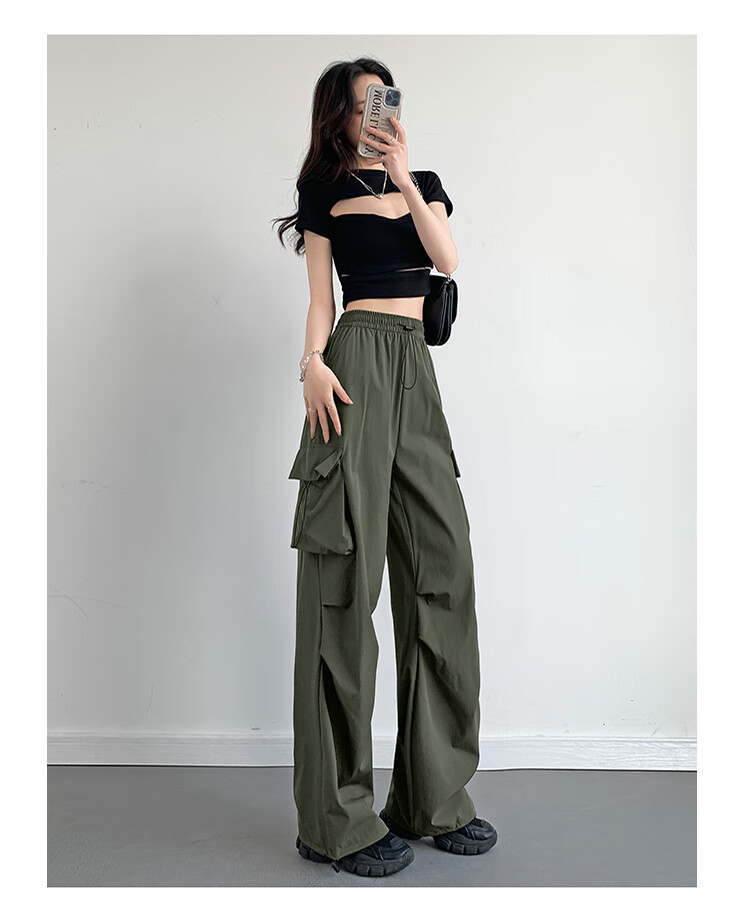Jeanswest Women's Summer Lightweight Paratrooper High-Waist Slim Fit Sports Narrow Casual Wide-Leg Cargo Pants Military Green S 12