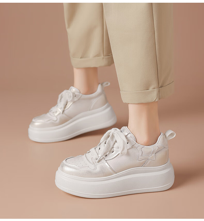 BOERDIQI Top-Grain Leather Versatile White Sneakers for Women, Thick-Soled Height-Increasing Casual Sports Shoes, White And Black, Size 36 14