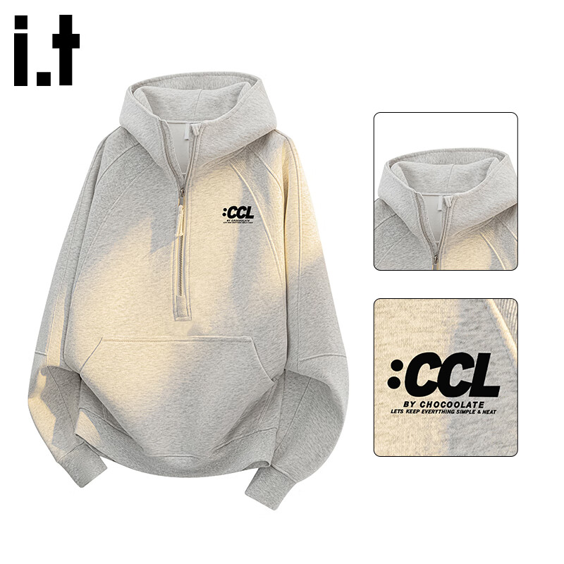 :CHOCOOLATE IT Loose Fit Hoodie Men Autumn New Trendy Half-Zip Casual Top White Flower Gray L