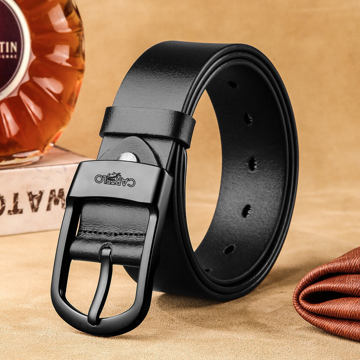 CARTELO Men's Leather Belt with Pin Buckle, Business Trouser Belt, Vintage Top-Grain Cowhide Waistband, Gift for Boyfriend, Husband, Or Father
