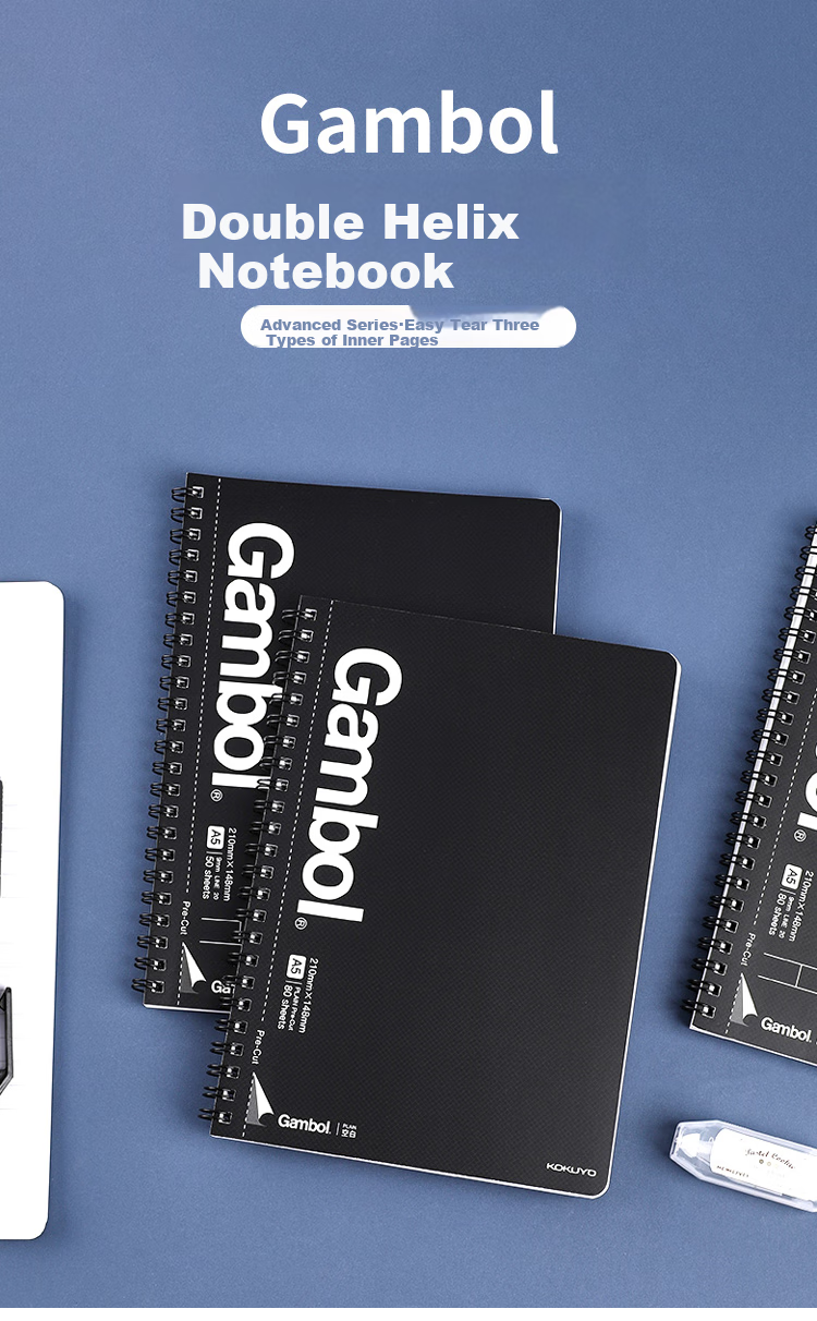 KOKUYO A5 Double Spiral Easy-Tear Notebook Gambol Watanabe Student Office Notebook Spiral Bound, 8mm Ruled, 50 Sheets/book, 4 Books Black, WCN-GTN3554 1