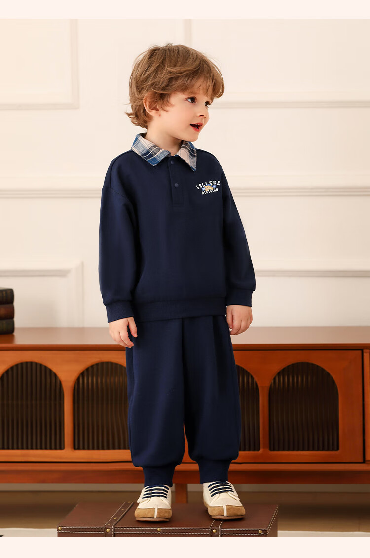 Classic Teddy Boys' Set Children's Sweatshirt and Sweatpants 2-Piece Mid-Child Spring Polo Collar Plaid Outfit Light Gray 130 12