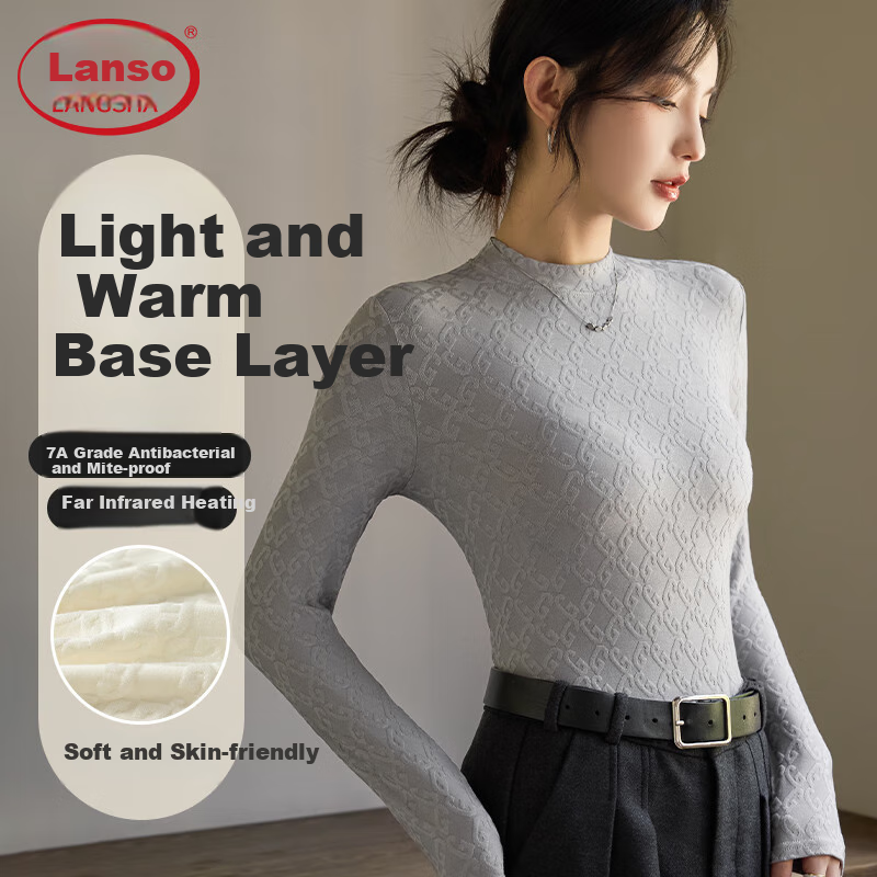 LangSha Base Layer, Spring And Summer Thin Style, Slim-Fit Waist-Cinching T-Shirt for Women, Warm Black And White Color, Slimming Round Neck Inner Wear, Long-Sleeve Top