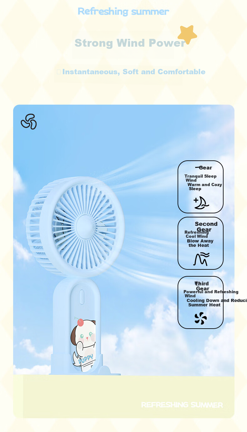 Siyicai Small Handheld Fan with USB Rechargeable Low Noise Three-Speed Base Portable Mini High-Power Baby Fan for Bathroom Office Dormitory Sky Blue 8