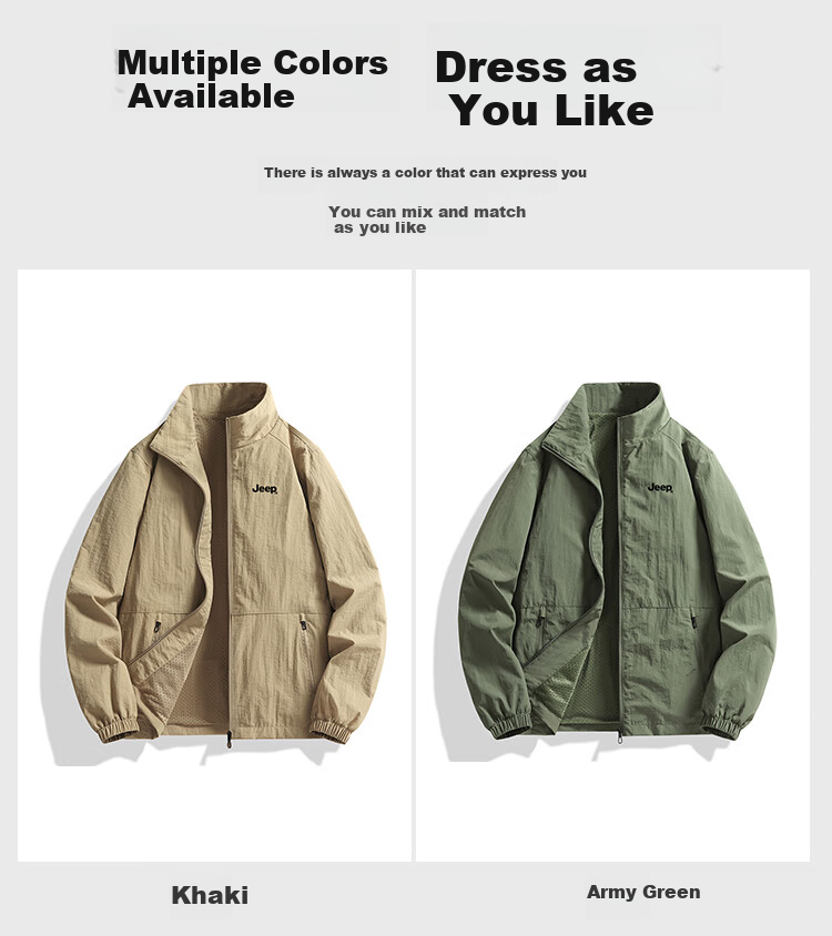 JEEP Men's Jacket, Spring And Autumn Baseball Jacket, Loose Stand-Collar Coat for Men, Sportswear, Men's Size 152-1, Khaki Color, Size L 7