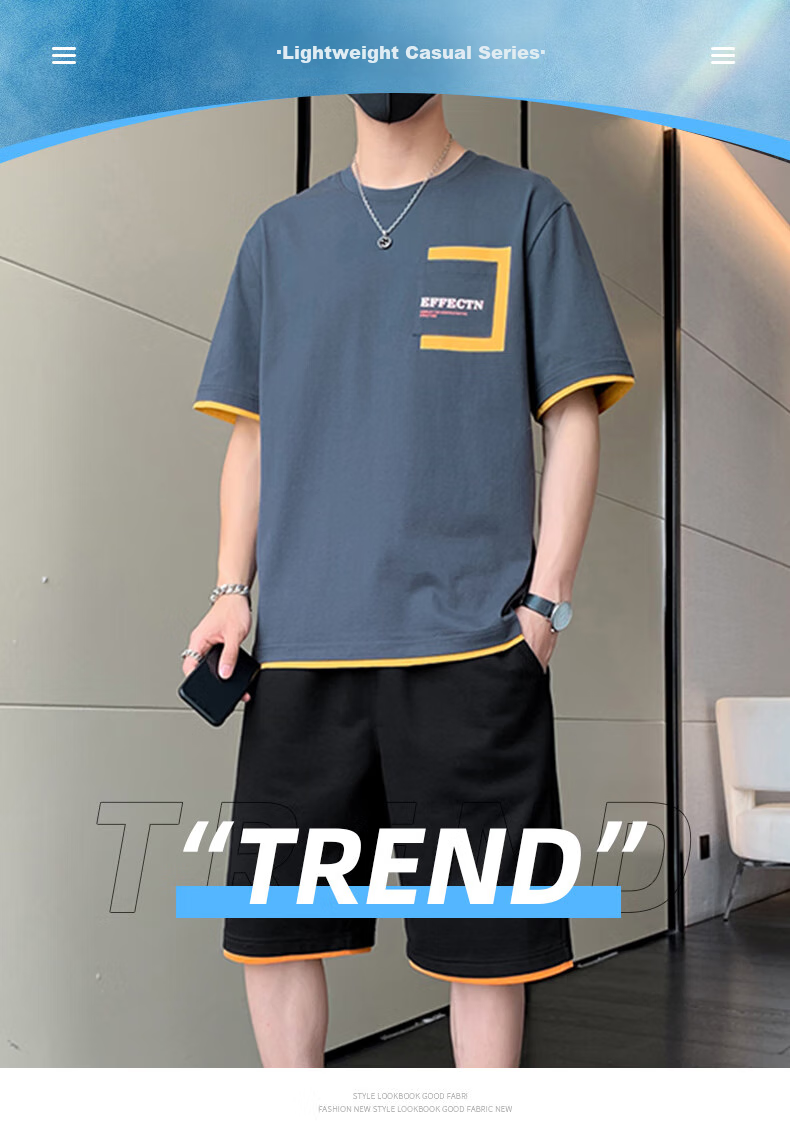 Dingfengbaoluo Men's Summer Set: Short-Sleeve T-Shirt And Shorts, Pure Cotton Lightweight Casual Sportswear KPR03 Iron Gray M 1