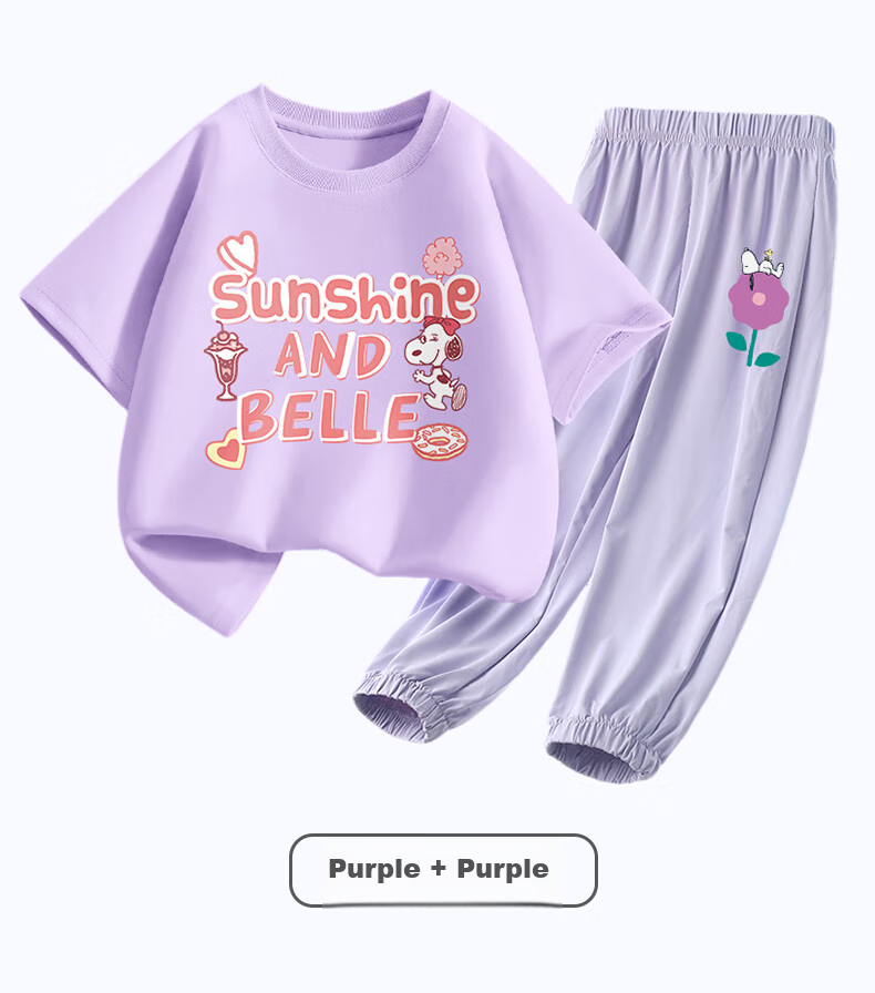 SNOOPY Children's Clothing Short-Sleeve Set for Boys And Girls, Pure Cotton T-Shirt with Mosquito-Repellent Pants, Indigo Lettering with Gray Crown, Size 160 6