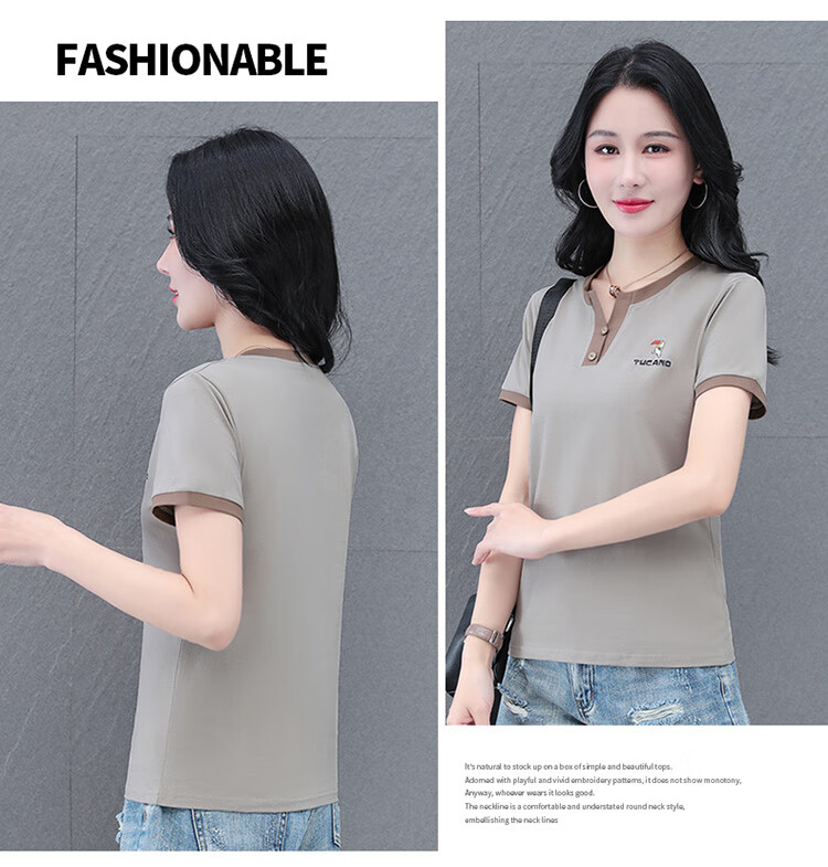 Woodpecker Pure Cotton Crew Neck Shoulder-Fit Short Sleeve T-Shirt for Women Summer New Slim Fit Black M 13