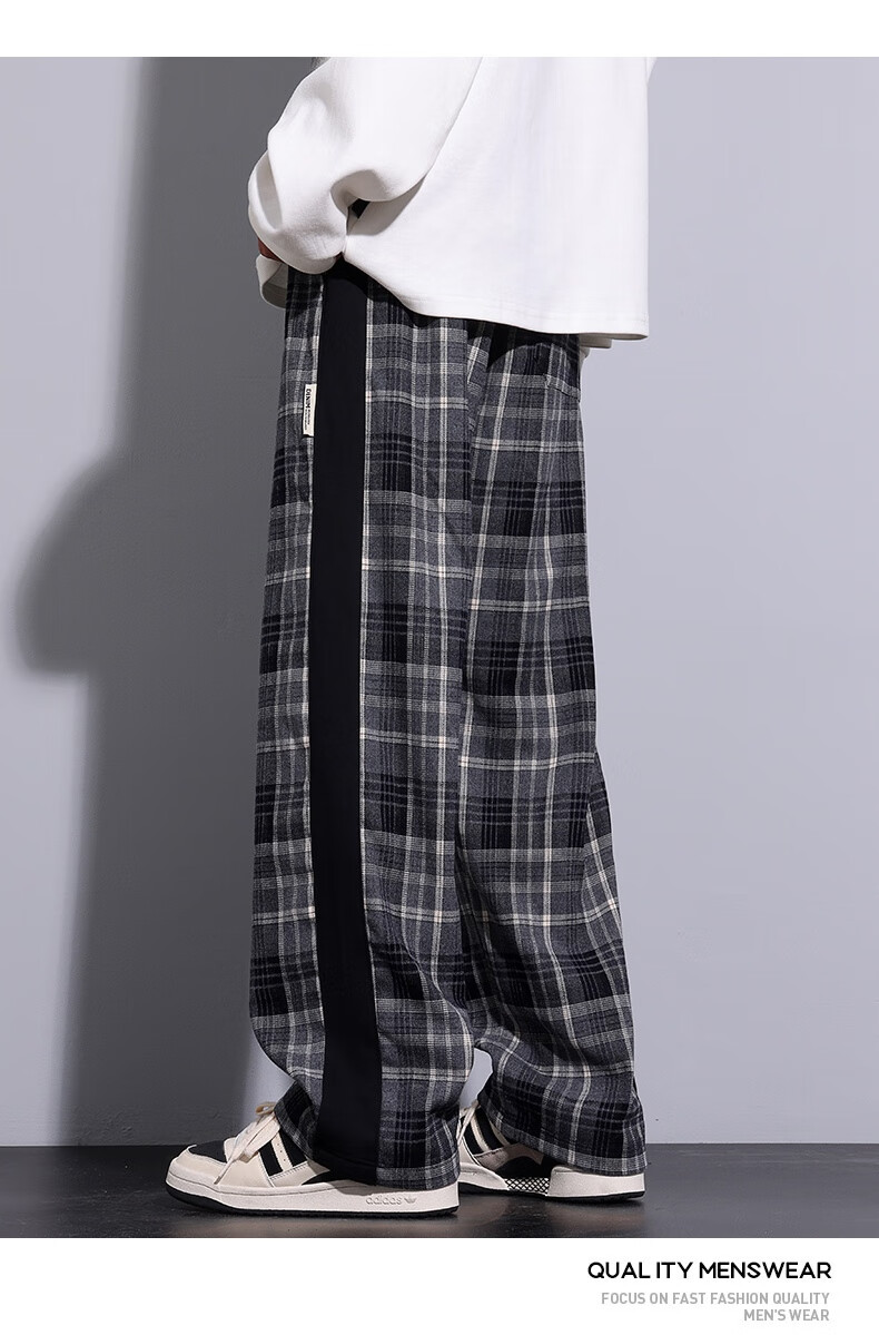 IZEXX Men's Plaid Pants, Summer American Straight Wide-Leg Loose Versatile Casual Pants, Sporty Retro Style ZL27 Gray L 18