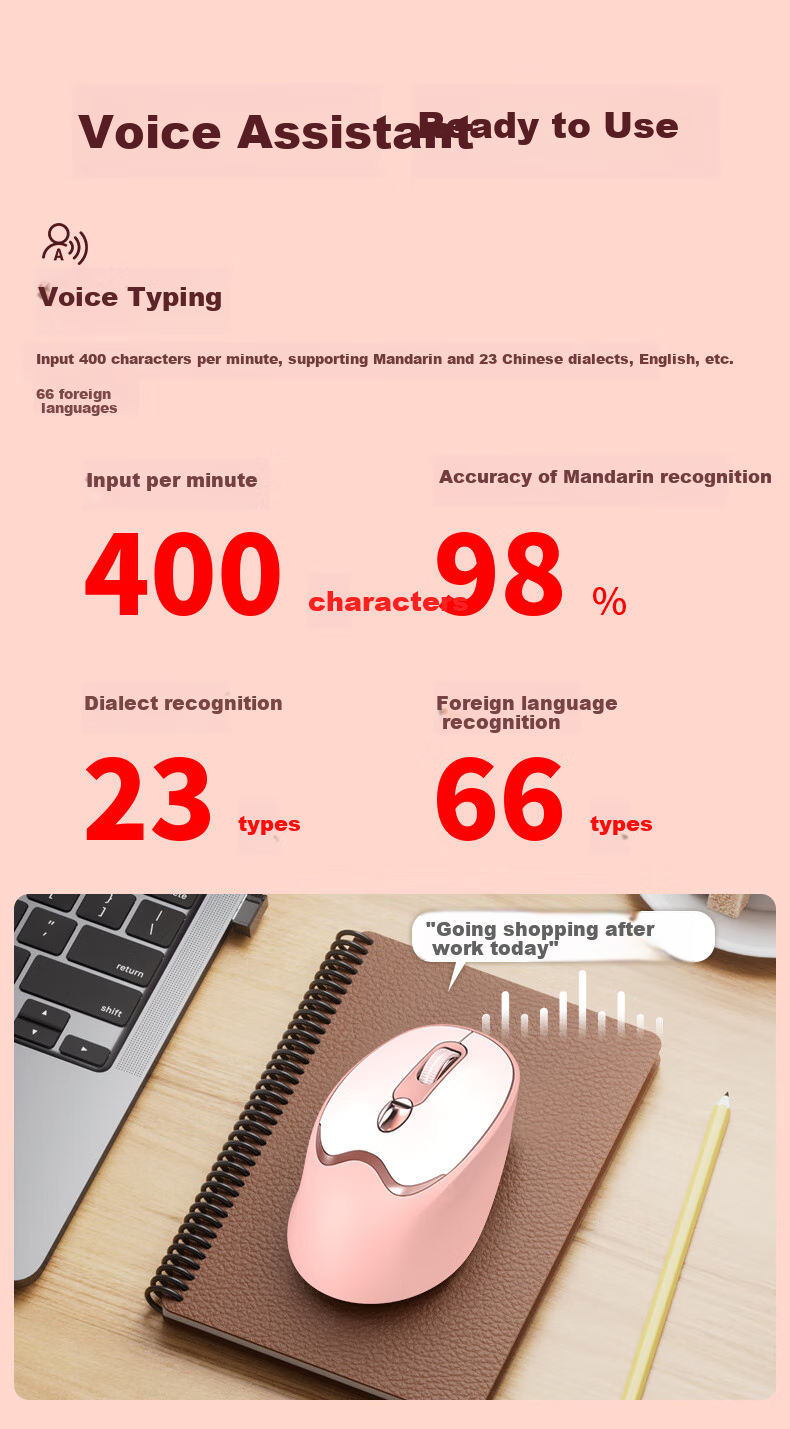 D.ROB Smart Voice AI Mouse V3 Pink, Wireless Office Voice Typing One-Key PPT Creation, Dual-Mode Wireless Bluetooth Universal Rechargeable Mouse for Girls 5