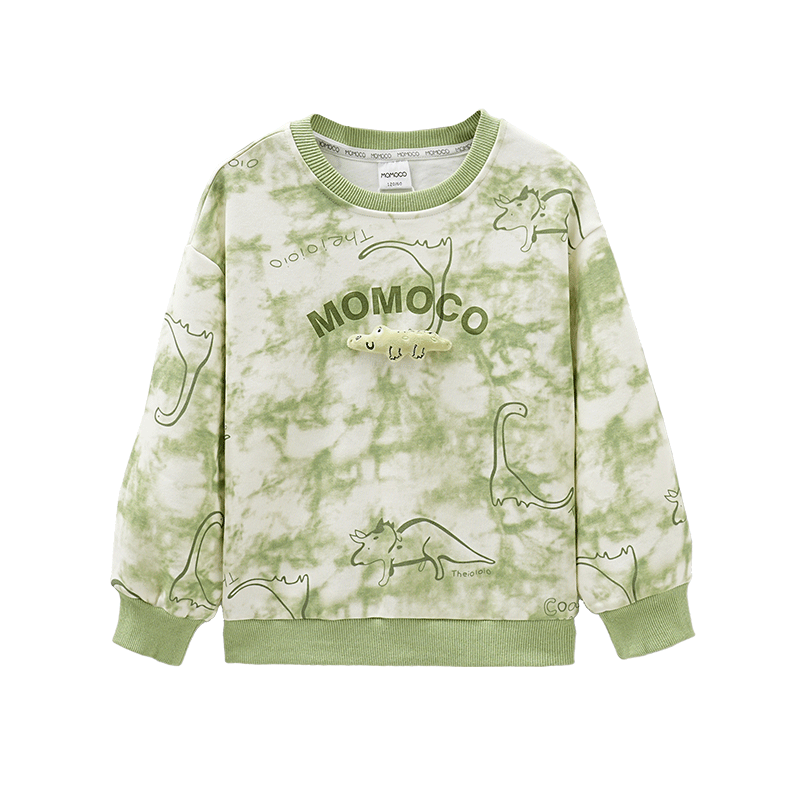 MOMOCO Boys' Sweatshirt Autumn 2025 New Trendy Tie-Dye Dinosaur Sweatshirt Green Size 90