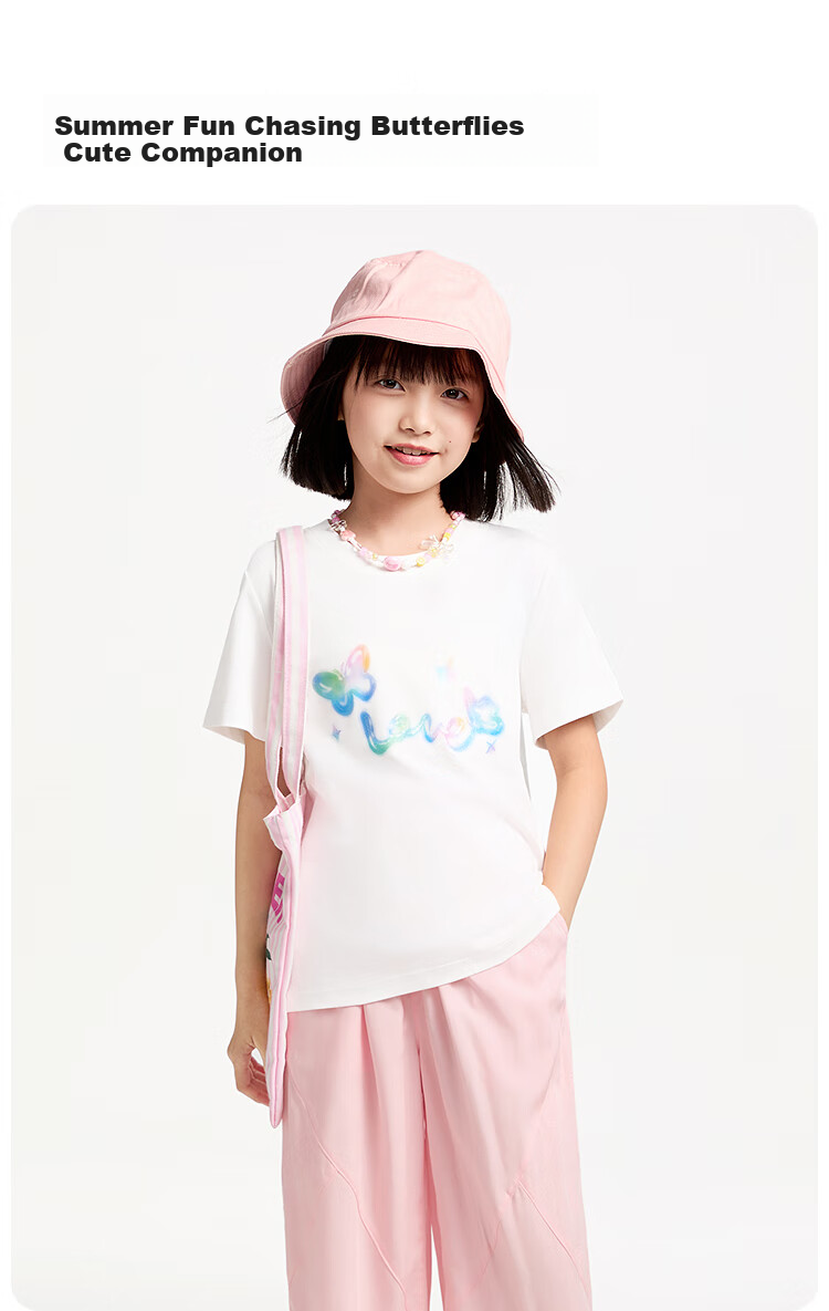 Annil Girls' Round Neck Short-Sleeve T-Shirt, New Summer 2025 Style, Cherry Blossom Pink, Size 120 2