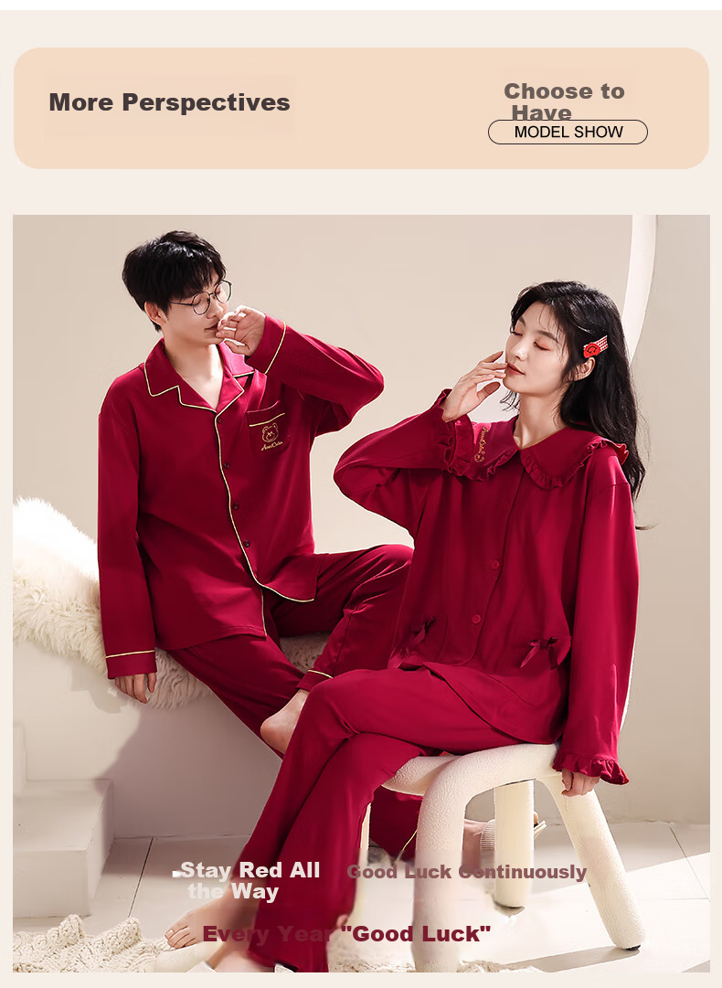 Yiduo Wedding Couple's Pajamas, Women's Autumn And Winter Pure Cotton Long-Sleeve Red, Zodiac Year, Men's And Women's Festive Home Wear Set 14