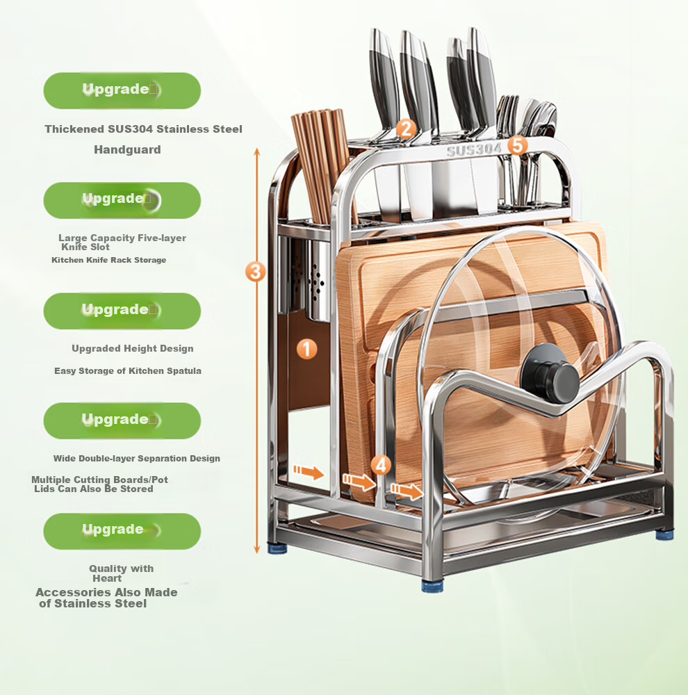 Shuaishi Kitchen Stainless Steel Knife Holder, Utensil Storage Rack, Cutting Board Organizer, Chopstick Cage, And Pot Lid Integrated Storage Rack 3