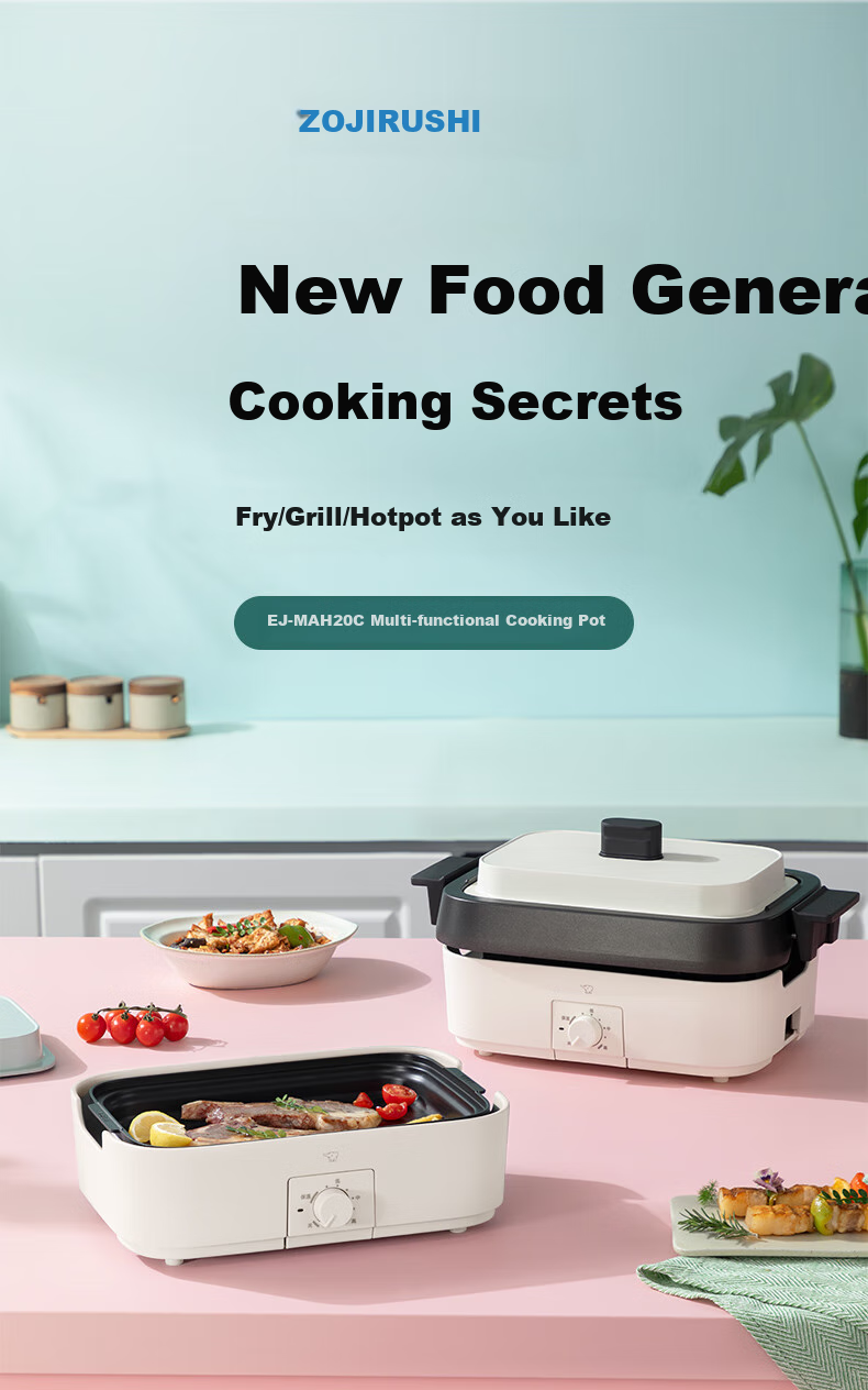 ZO JIRUSHI Multi-Functional Pot, Suitable for Barbecue And Hot Pot, Non-Stick Electric Cooker, Constant Temperature Heating, Detachable And Easy to Clean, EJ-MAH20C (Beige), Waterless Cooking 1