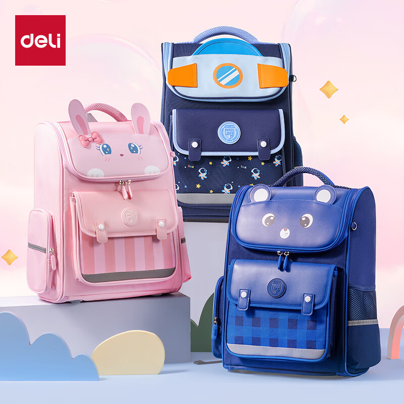 Deli Cartoon Schoolbag for Primary Students, Spine-Protecting Large Capacity Backpack, Navy Blue Rocket Style for Grades 1-3