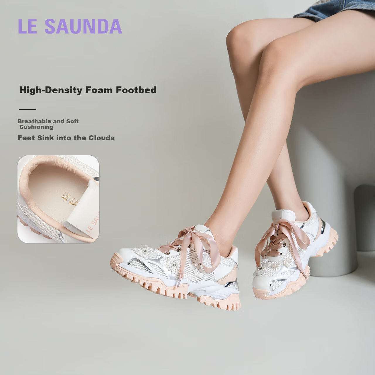 Le Saunda 2025 New Princess Casual Thick-Soled Dad Shoes Women's Shoes 69904, Pear Blossom White + Pink, BEL, 34