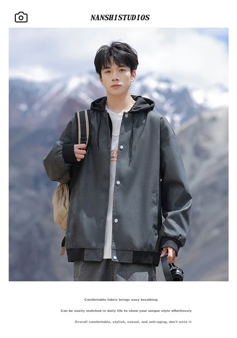 POUM Trendy Hooded Leather Jacket for Men, Spring And Autumn Style, High-End Cool Casual Jacket, 2885 Black And Gray, 2XL 1