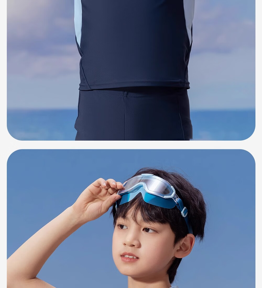 LI-NING Kids Waterproof Anti-Fog HD Large Frame Swimming Goggles and Swim Cap Set for Boys Ages 6-12 13