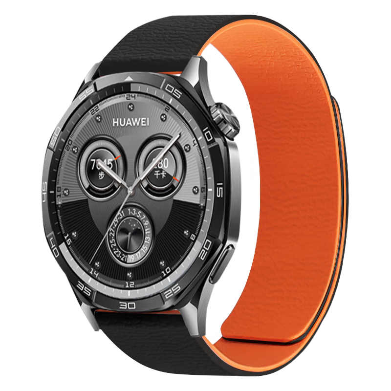 MSSM Compatible Huawei Watch Band for GT6/6pro/5/5pro/watch5/4pro/gt4/3, Magnetic Silicone Strap with Litchi Pattern Sports Wristband [Black with Orange], 22mm