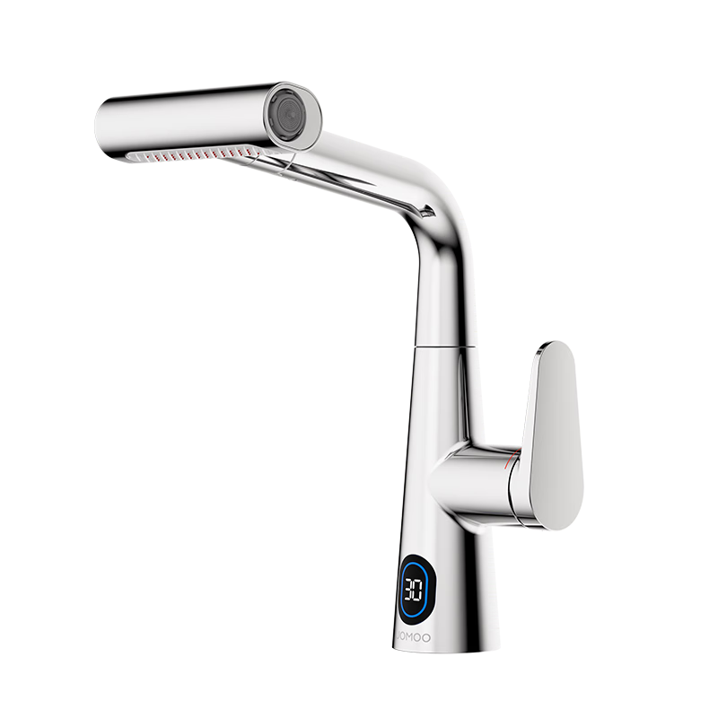 JOMOO Temperature-Sensing Digital Display Hot and Cold Basin Faucet Pull-Out Bathroom Sink Waterfall Faucet Model 32826