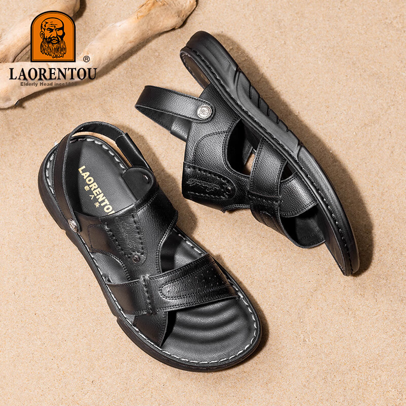 LAORENTOU Men's Sandals, Summer Beach Shoes, Cowhide Sandals And Slippers, Dual-Use Leather Sandals for Men, LT65, Black, Size 40
