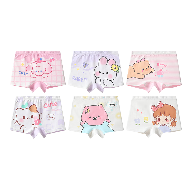 FENTENGCARE Kids Girls A-Class Baby Cotton Antibacterial 6-Pack Cartoon 100% Cotton Crotch Boxer Briefs