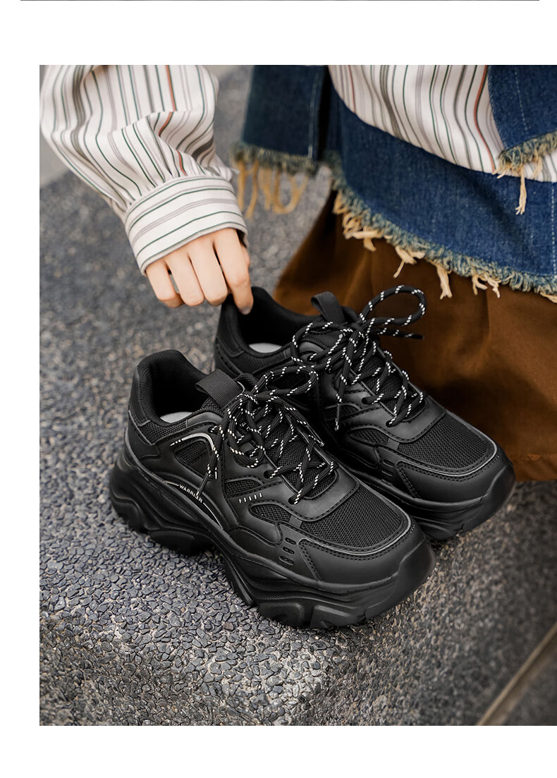 Warrior Official Women's Shoes 2026 Summer New Breathable Thick Sole Height Increasing Dad Sneakers M750c Black Size 39 17