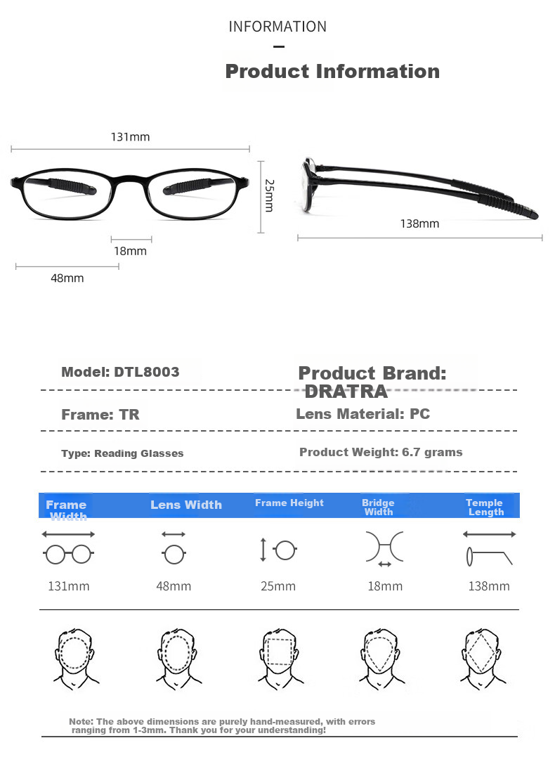 DRATRA Vintage Reading Glasses for Men and Women, High-Definition Elderly Presbyopia Glasses, TR Frame, Non-Slip, Simple, Portable, Comfortable, Lightweight, Retro Style 3