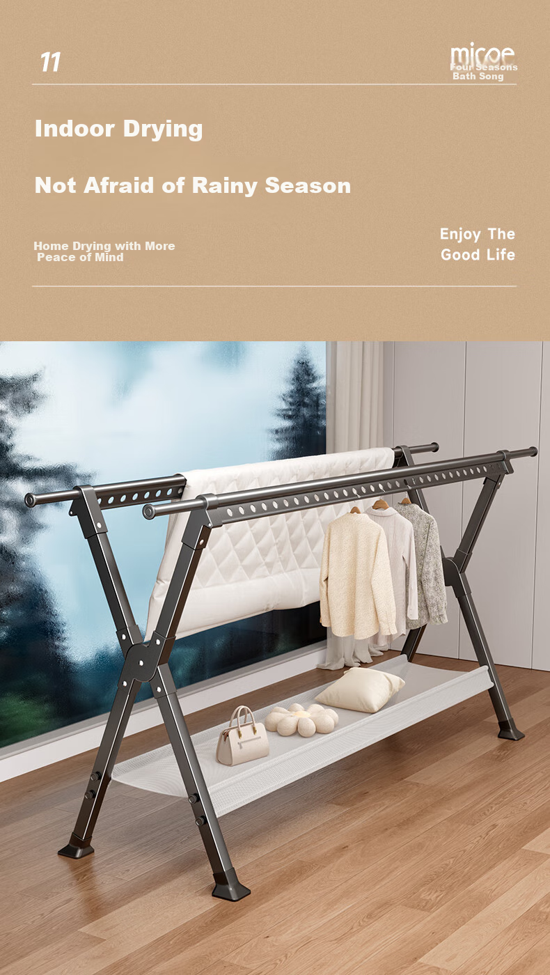 MICOE Floor-Standing Aluminum Alloy Clothes Drying Rack, Extendable Folding Clothes Hanger, Balcony Quilt Drying Rod 9