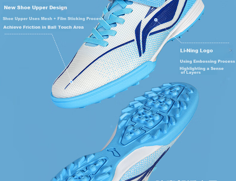 Li-Ning Children's Soccer Cleats for Boys And Girls Ages 6-12, TF Turf Studs Youth Professional Cleats, Breathable Summer Quick Shadow 3, Blue, Size 40 6