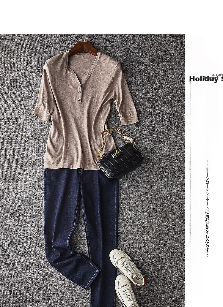 Dme Wool Blend Five-Quarter Sleeve Sweater, Spring And Autumn Half-Open Collar Mid-Sleeve Single-Breasted Knit Top for Wome 3