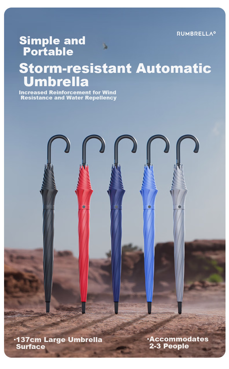 RUMBRELLA All-Weather Umbrella, Long Handle, Large Size, Reinforced And Thickened, Storm-Resistant, High-End Business Straight Handle Red Umbrella for Three People 2