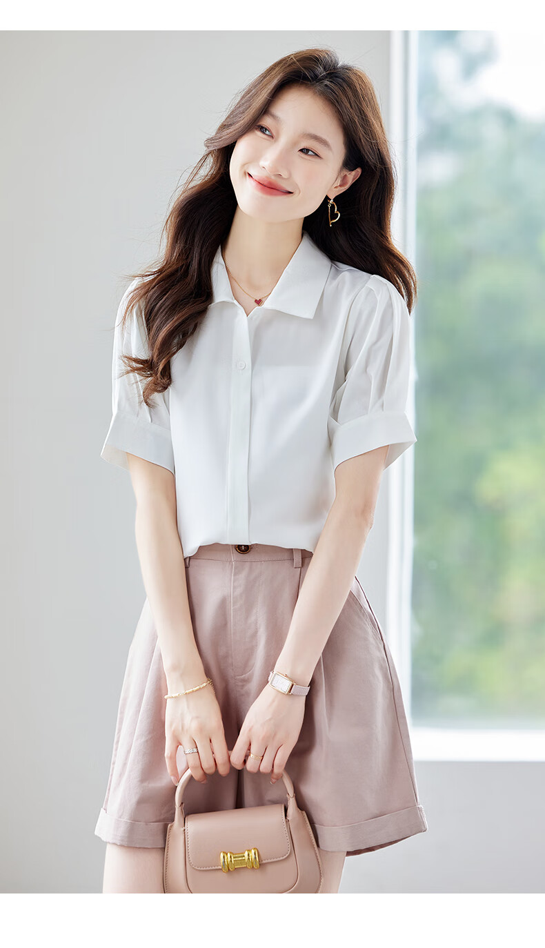 Jeanswest Women's White Short Sleeve Shirt with Lapel Collar Summer Professional Commuting Top, Size L 16