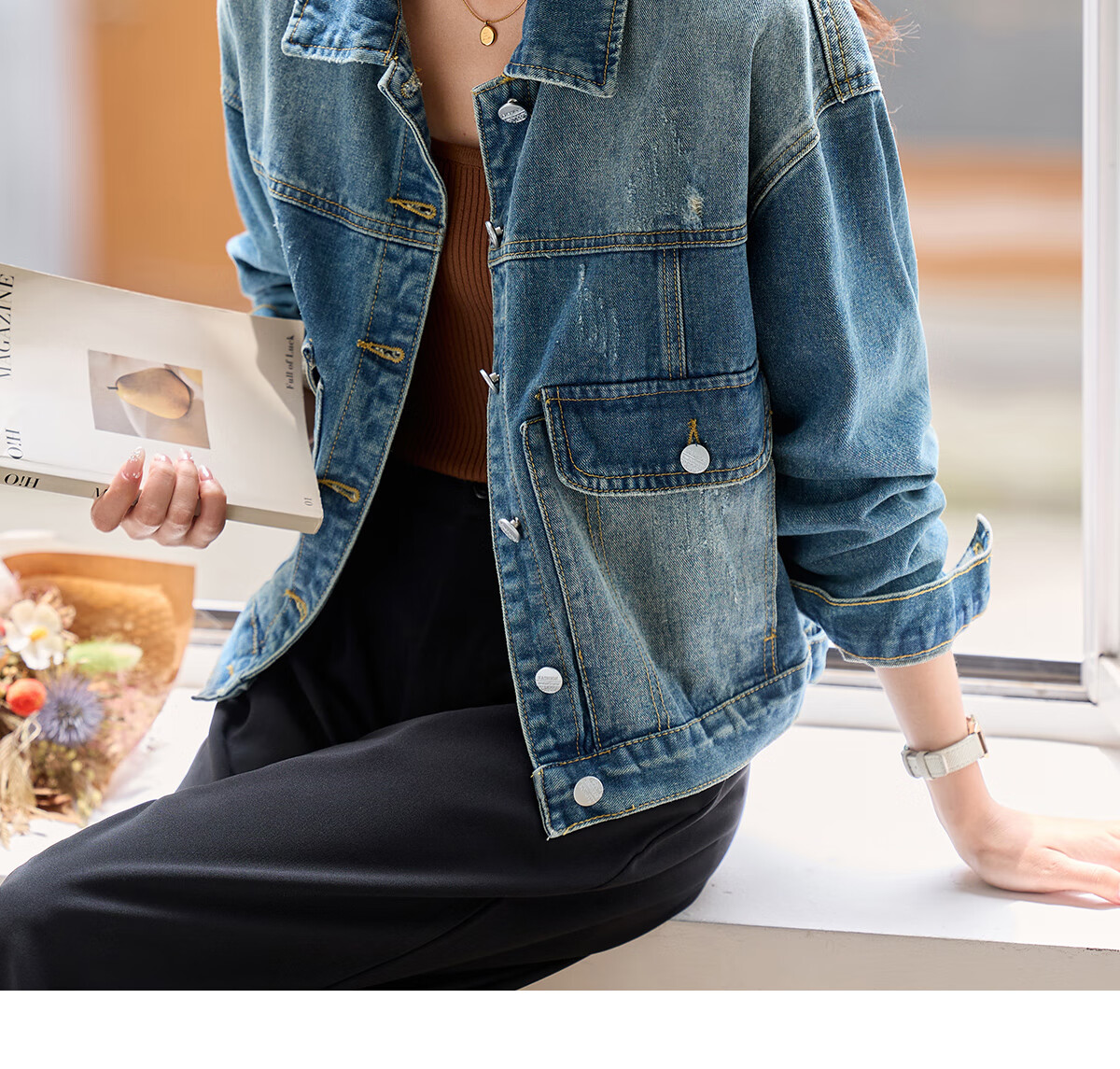 Pincai Women's Denim Jacket Trendy Retro Double Pocket Design Casual Versatile Top P53D006 44