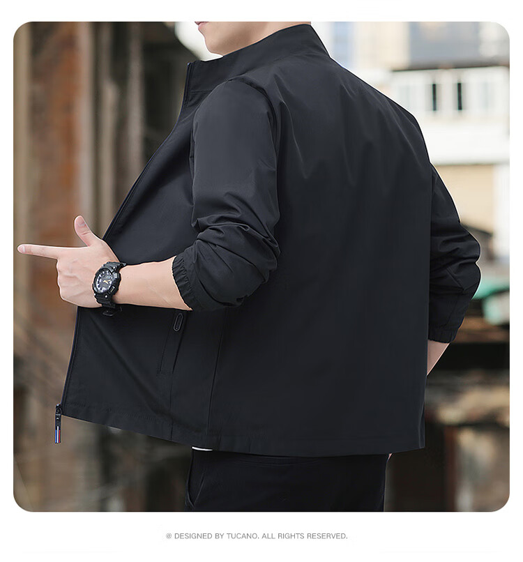 TUCANO Men's Spring Autumn Stand Collar Comfortable Business Casual Jacket Versatile Sports Solid Color Top Black L 6