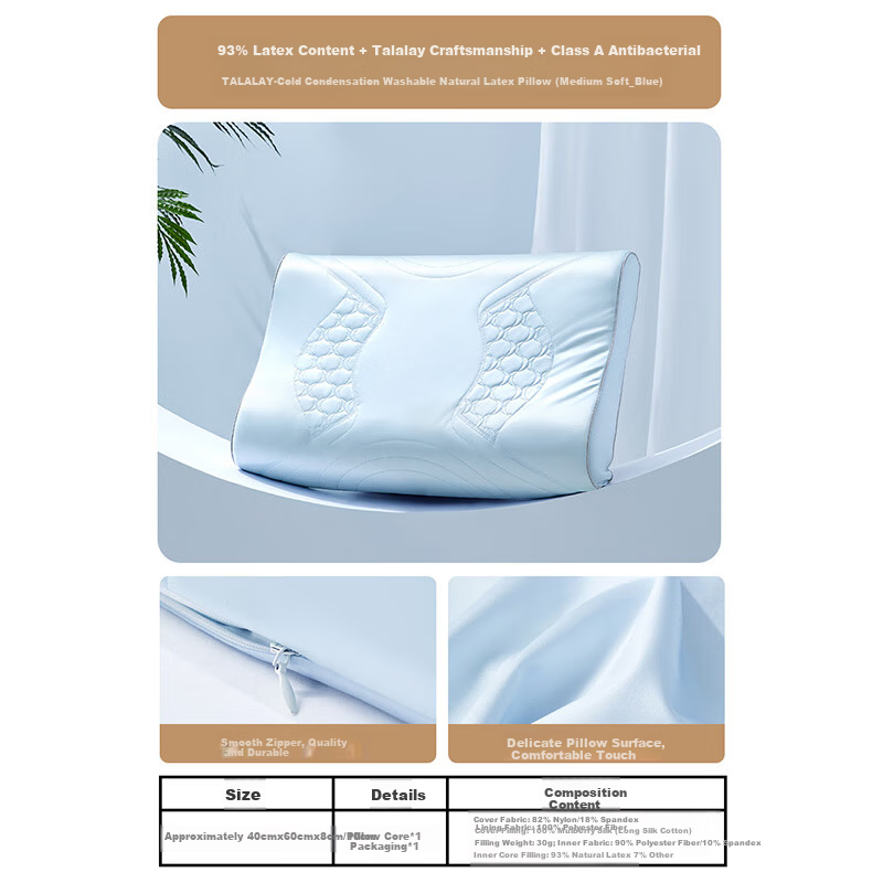Shuixingjiafang 93% Latex Pillow, Tralee Craft Latex Pillow Core, Class A Antibacterial Silk Pillowcase, Washable Pillow · Blue