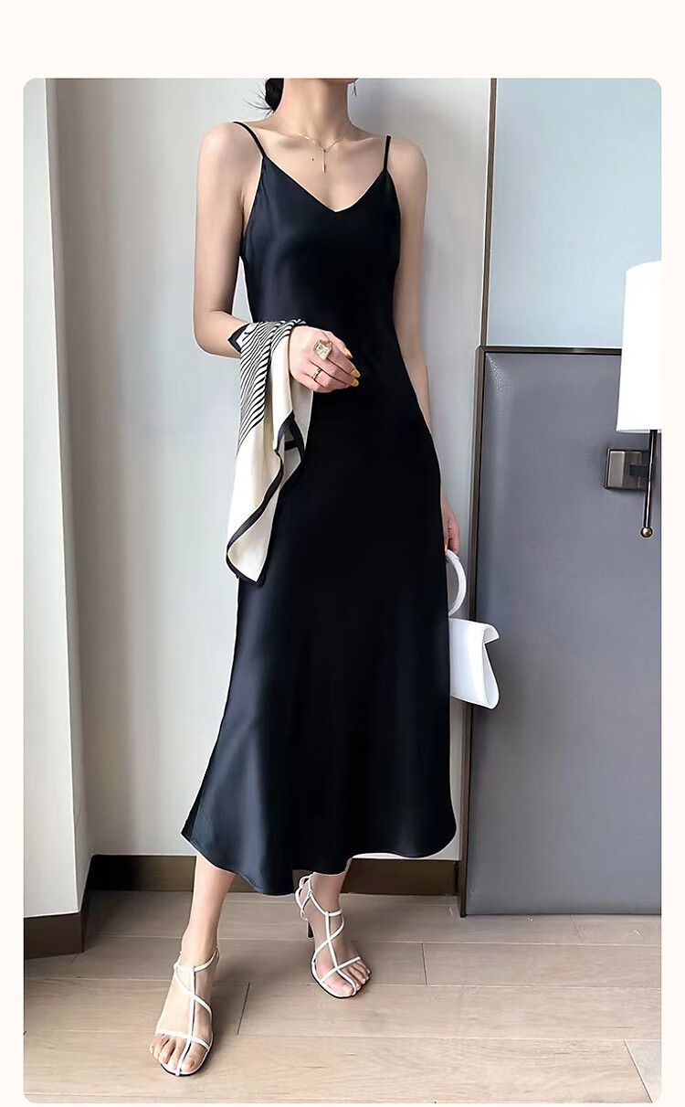 Dme [Glossy Satin Spaghetti Strap Dress], Elegant X-Shaped Spaghetti Strap Midi Dress for Women, Spring And Summer 1