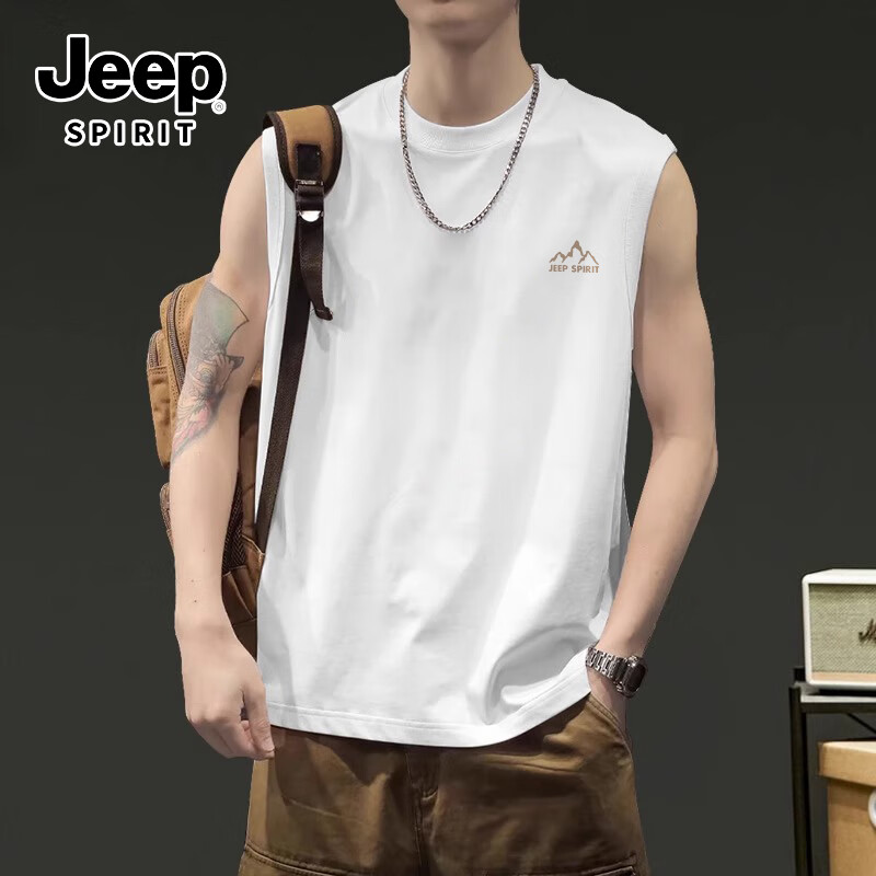 JEEP SPIRIT Men's Wide Shoulder Vest Summer Sports Fitness Breathable Sleeveless Cotton Skin-Friendly Men's Tank Top 15