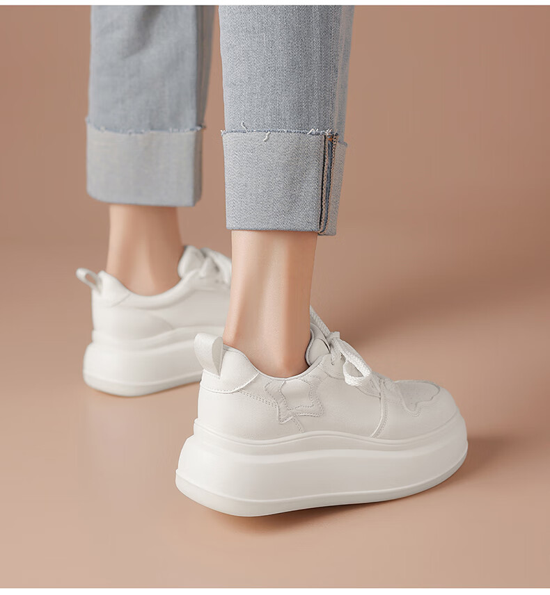 BOERDIQI Top-Grain Leather Versatile White Sneakers for Women, Thick-Soled Height-Increasing Casual Sports Shoes, White And Black, Size 36 9