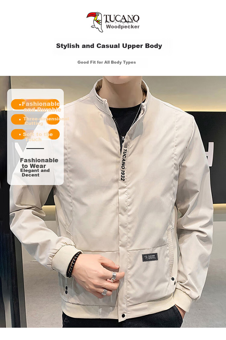 TUCANO Men's Jacket, Spring And Autumn Stand-Collar Casual Jacket, Workwear Outerwear for Men, Loose-Fitting Trendy Menswear, Black, M 2