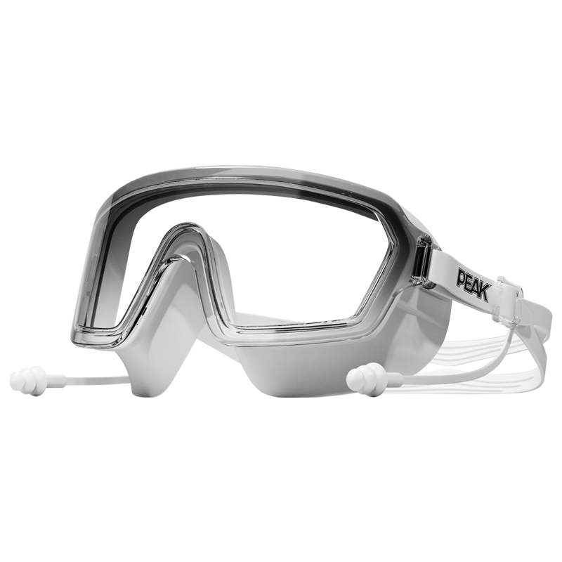 PEAK Large Frame Swimming Goggles for Adults, Men And Women, High-Definition Waterproof Anti-Fog Integrated Earplugs Professional Diving Swimming Glasses Gray
