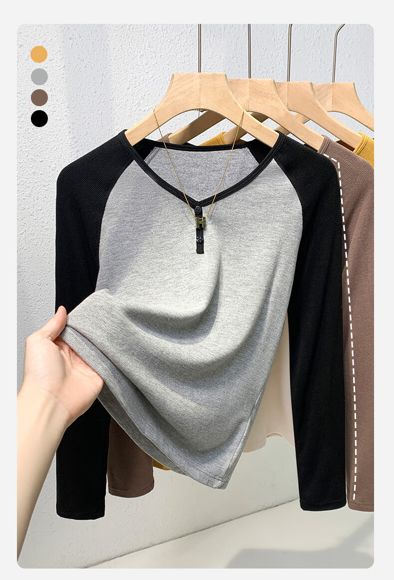 MiiOW Long-Sleeve T-Shirt Base Layer for Women, 2025 New Arrival, Early Autumn And Winter V-Neck Color Block Raglan Slimming Top 3