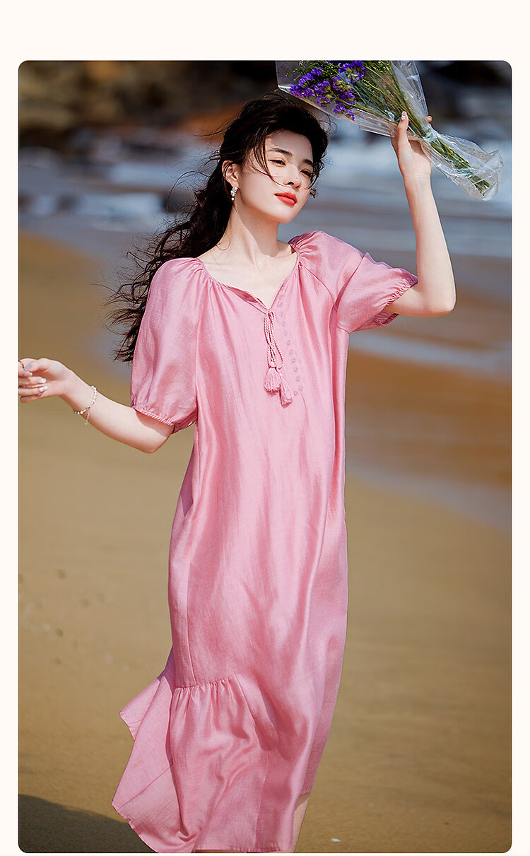 Demana "Light Breeze" Summer Cool Lyocell Embroidered Tassel Tie Split Pleated A-Line Women's Dress 3