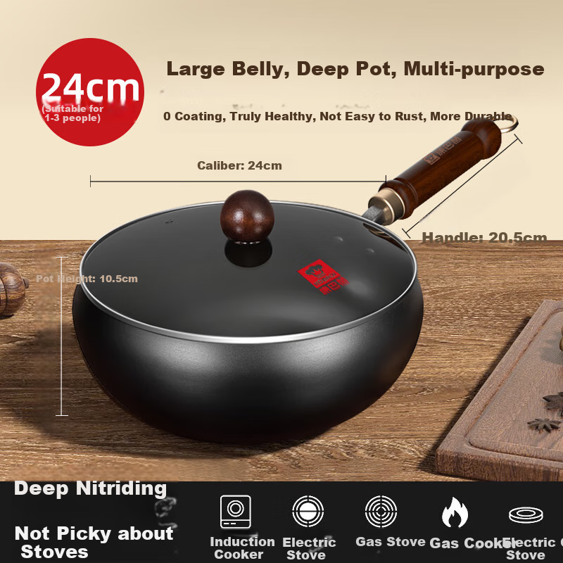 KOBACH Cast Iron Wok without Coating for Home Cooking, Suitable for Induction And Gas Stoves, 24cm
