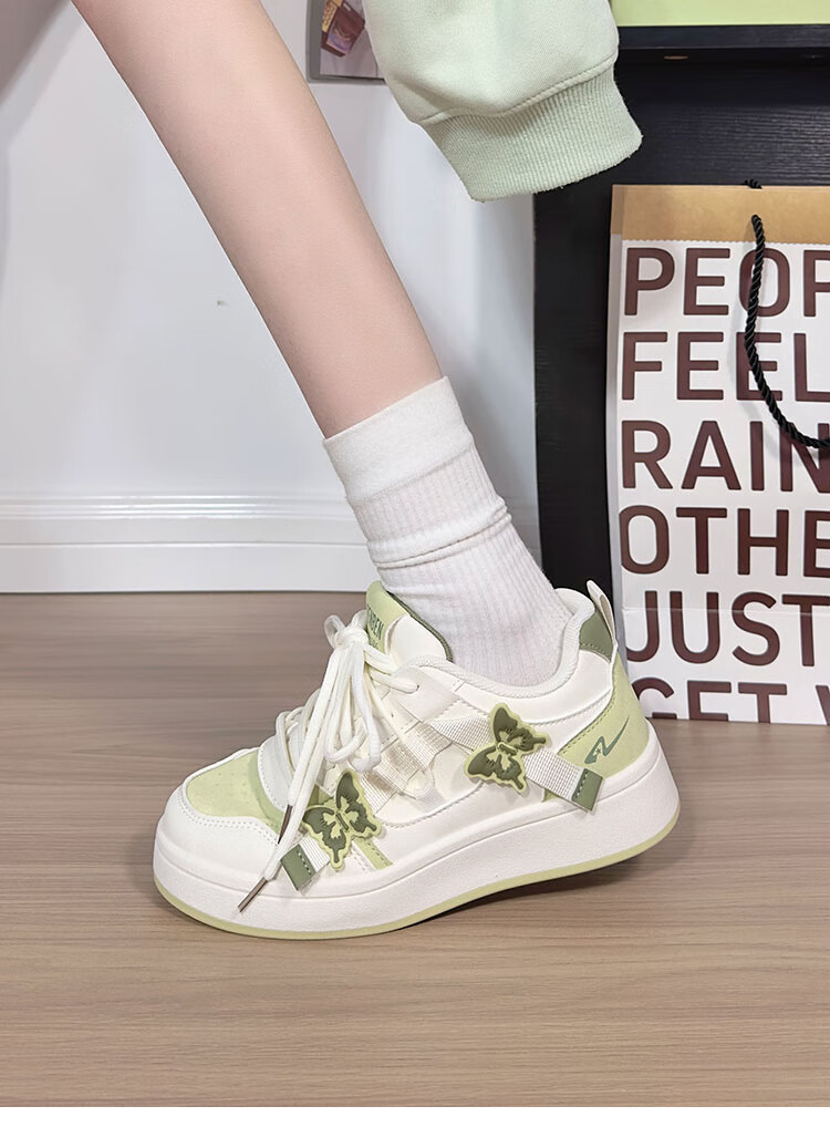 RENBEN Matcha Green Butterfly White Sneakers for Women, New Fashion Versatile Casual Shoes, Thick-Soled Korean Style Platform Shoes, White And Green, Size 38 6