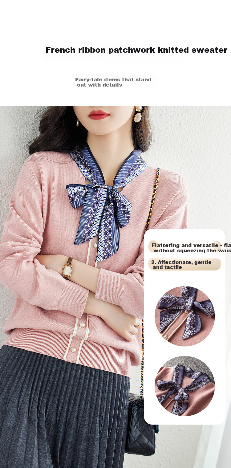 Dme [Commute] Spring And Autumn Silk Ribbon Pearl Button Decorated Cardigan, Versatile Knit Sweater for Women, Medium Gray, Size S 2