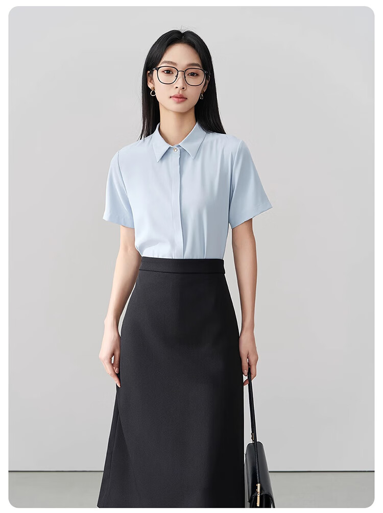 Bodexiaojie Blue Professional Short-Sleeve Blouse for Women, Summer Public Exam Interview Chiffon Top, Commuter Outfit Formal Shirt, Blue, XL 24